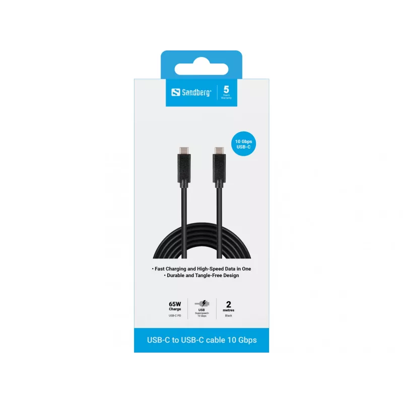 Sandberg USB-C USB-C 2M USB 3.1 Gen.2, 2 m, USB C, USB C, USB 3.2 Gen 2 (3.1 Gen 2), vīrišķais/vīrišķais, melns