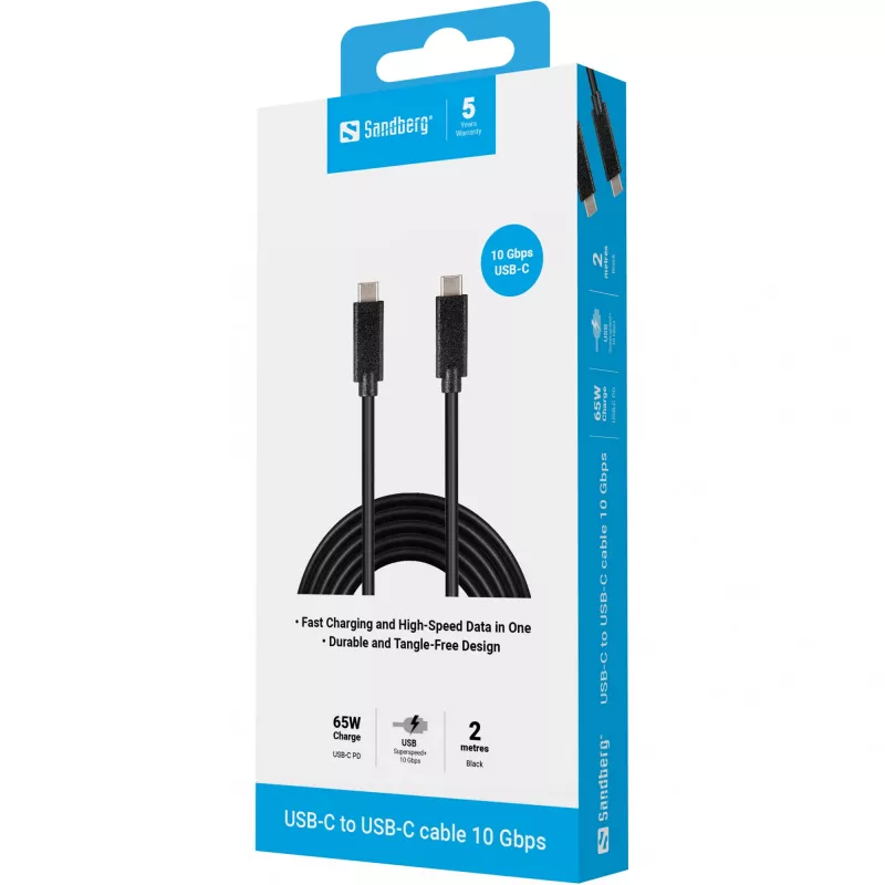 Sandberg USB-C USB-C 2M USB 3.1 Gen.2, 2 m, USB C, USB C, USB 3.2 Gen 2 (3.1 Gen 2), vīrišķais/vīrišķais, melns