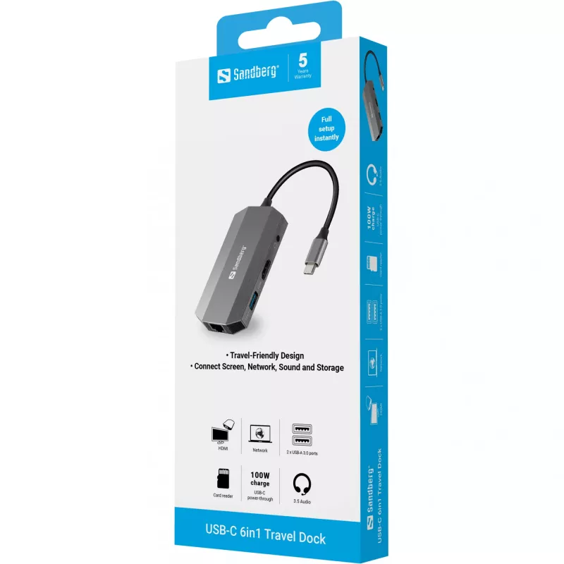 USB-C dokstacija Sandberg 6in1 Travel Dock