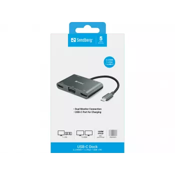 Sandberg USB-C dokstacija 2xHDMI+1xVGA+USB+PD