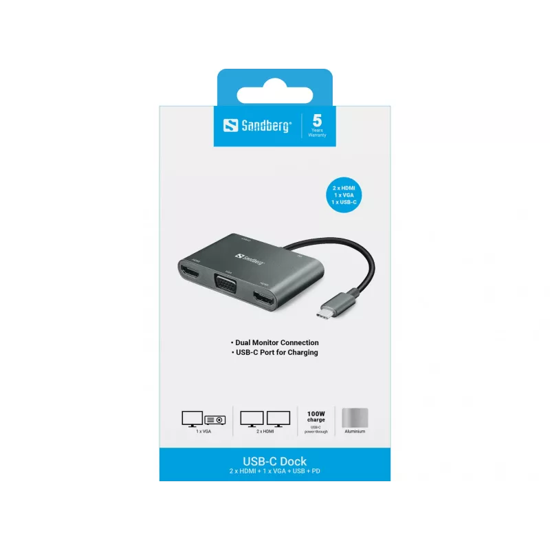Sandberg USB-C dokstacija 2xHDMI+1xVGA+USB+PD