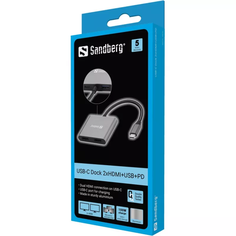 Sandberg USB-C dokstacija 2xHDMI+USB+PD Maksimālā izšķirtspēja 3840x2160
