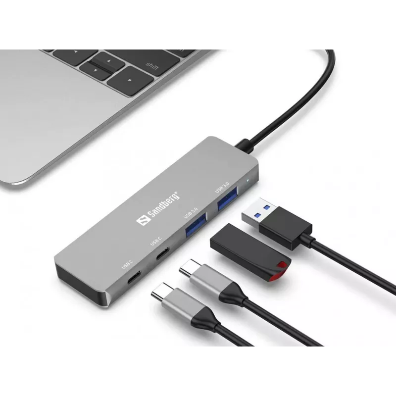 Sandberg USB-C uz 2xUSB-A + 2xUSB-C centrmezgls, pelēks, alumīnijs