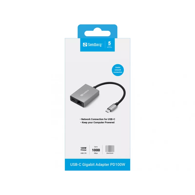 Sandberg USB-C Gigabit Adapter PD100W USB Type-C RJ-45 1 Gbit/s Pelēks
