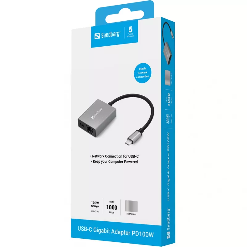 Sandberg USB-C Gigabit Adapter PD100W USB Type-C RJ-45 1 Gbit/s Pelēks