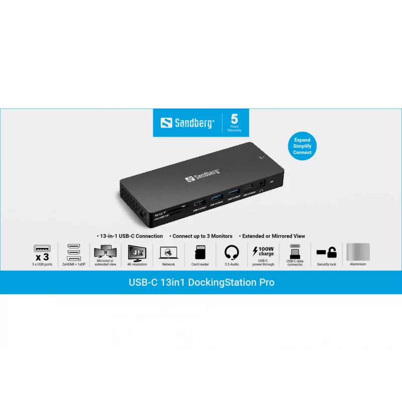 Sandberg USB-C 13in1 DockingStation Pro vadu USB 3.2 Gen 1 Type-C