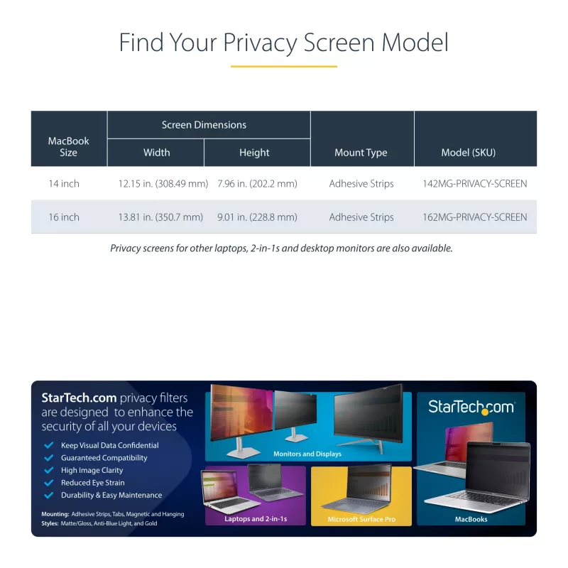 StarTech.com 16 collu MacBook Pro 21/23 privātuma ekrāns, zelta filtrs ar uzlabotu privātumu, datora drošības vairogs, abpusējs ekrāna aizsargs, +/- 30°