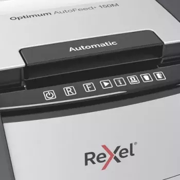 Rexel Optimum AutoFeed+ 150M papīra smalcinātājs, mikro griezums, 55 dB, 22 cm, melns, pelēks