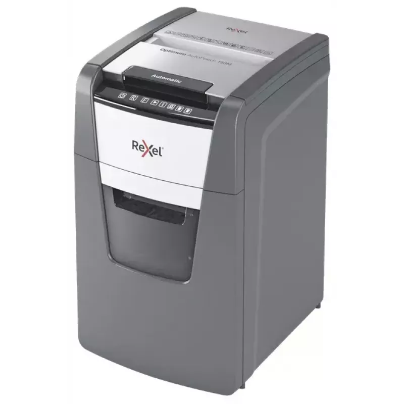 Rexel Optimum AutoFeed+ 150M papīra smalcinātājs, mikro griezums, 55 dB, 22 cm, melns, pelēks