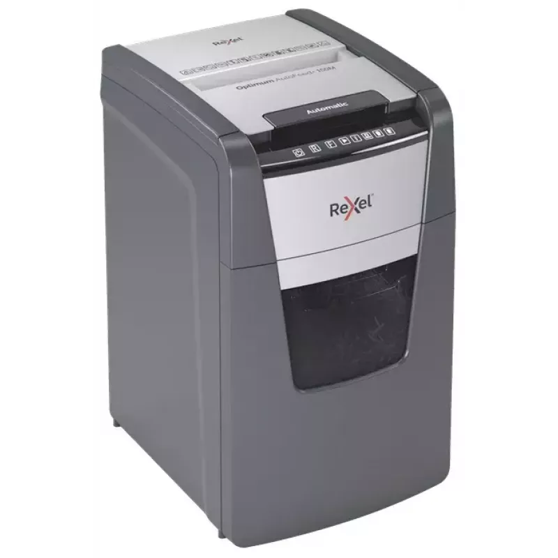 Rexel Optimum AutoFeed+ 150M papīra smalcinātājs, mikro griezums, 55 dB, 22 cm, melns, pelēks
