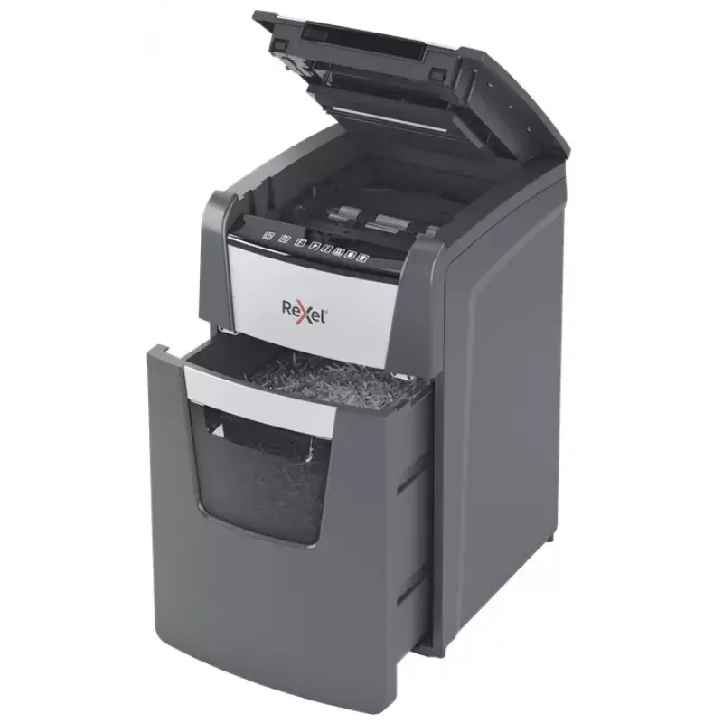 Rexel Optimum AutoFeed+ 150M papīra smalcinātājs, mikro griezums, 55 dB, 22 cm, melns, pelēks
