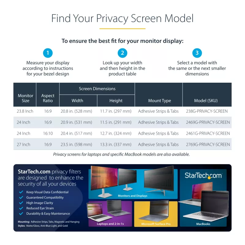 StarTech.com 24 collu 16:9 zelta monitora privātuma ekrāns, atgriezeniska plēve ar uzlabotu privātumu, spīdīgs datora drošības filtrs, noņemams ekrāna aizsargs/vairogs, +/- 30°