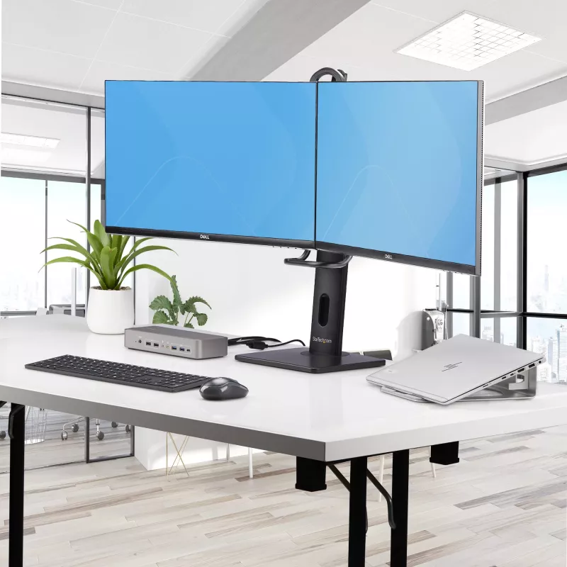 StarTech.com Crossbar dubultā monitoru galda statīvs diviem 27 collu ekrāniem, VESA stiprinājums 75x75/100x100, bezinstrumentu augstuma regulēšana, līdz 13,2 mārciņām (6 kg) uz displeju