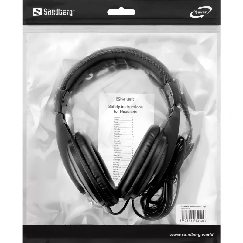 Sandberg Saver MiniJack Headphone Large, vadu, zvani/mūzika, 20–20000 Hz, 270 g, austiņas, melnas