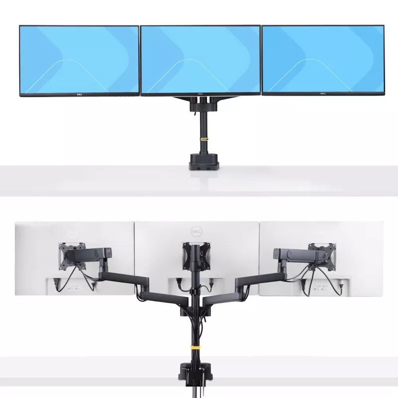 StarTech.com Trīskāršs monitoru galda stiprinājums līdz trim 27 collu ekrāniem, VESA 75x75/100x100, bezinstrumentu sviras regulēšana, C-skava/caurules stiprinājums, ar atsperēm aprīkotas sviras