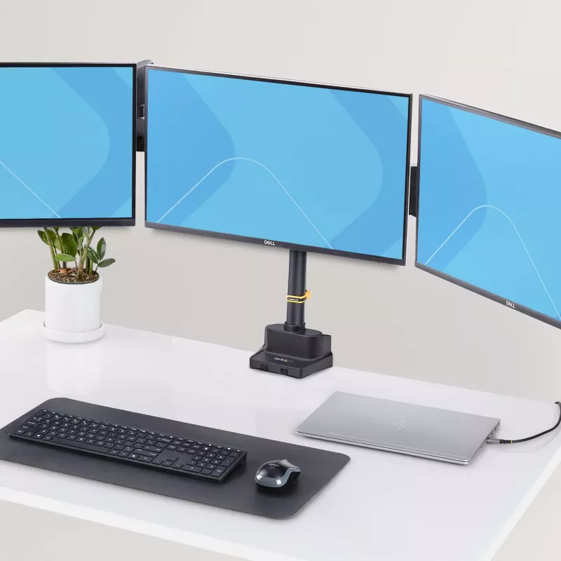 StarTech.com Trīskāršs monitoru galda stiprinājums līdz trim 27 collu ekrāniem, VESA 75x75/100x100, bezinstrumentu sviras regulēšana, C-skava/caurules stiprinājums, ar atsperēm aprīkotas sviras