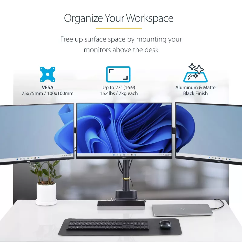 StarTech.com Trīskāršs monitoru galda stiprinājums līdz trim 27 collu ekrāniem, VESA 75x75/100x100, bezinstrumentu sviras regulēšana, C-skava/caurules stiprinājums, ar atsperēm aprīkotas sviras