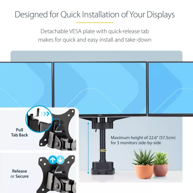 StarTech.com Trīskāršs monitoru galda stiprinājums līdz trim 27 collu ekrāniem, VESA 75x75/100x100, bezinstrumentu sviras regulēšana, C-skava/caurules stiprinājums, ar atsperēm aprīkotas sviras