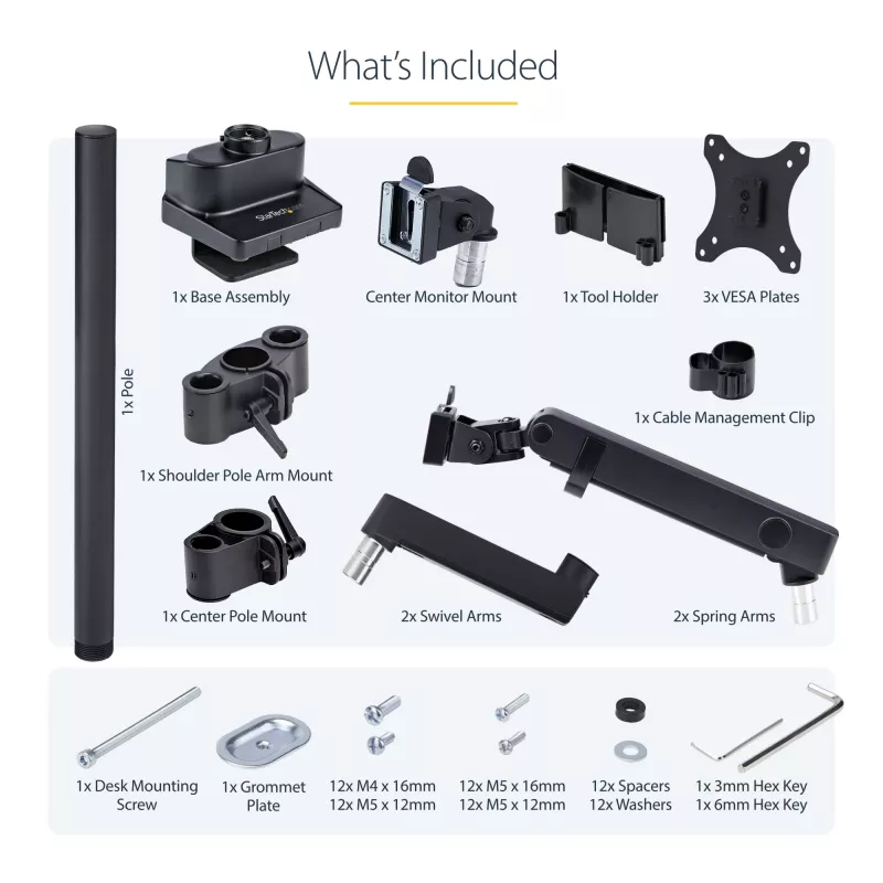 StarTech.com Trīskāršs monitoru galda stiprinājums līdz trim 27 collu ekrāniem, VESA 75x75/100x100, bezinstrumentu sviras regulēšana, C-skava/caurules stiprinājums, ar atsperēm aprīkotas sviras