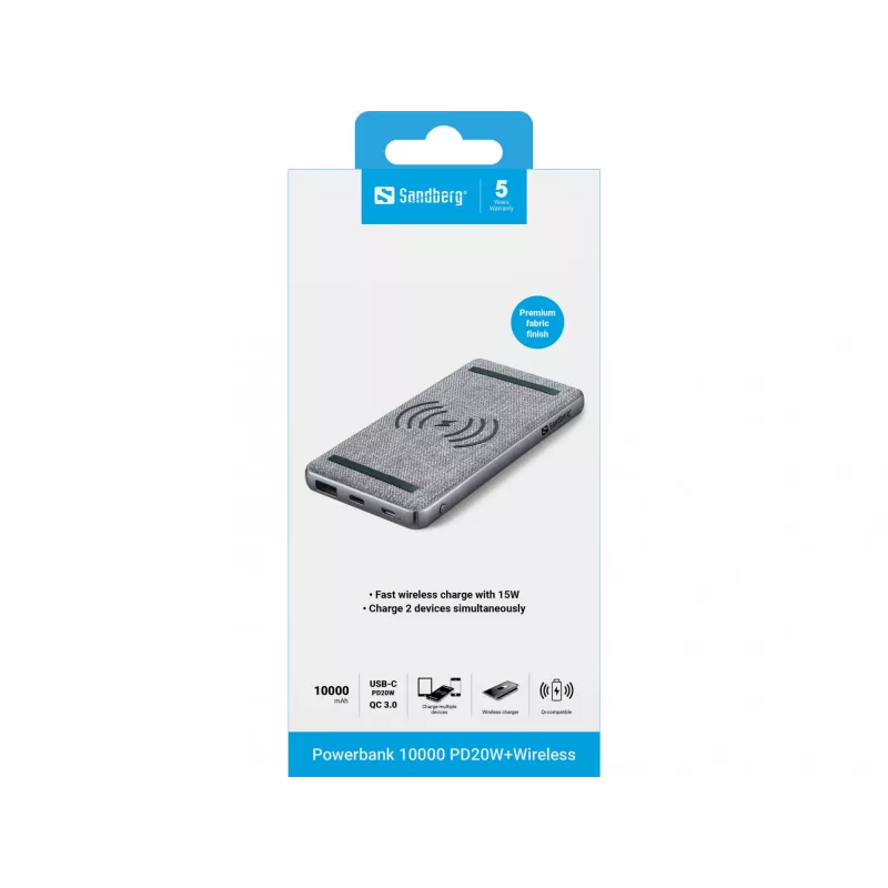 Pārnēsājams ārējais akumulators Sandberg Powerbank 10000 PD20W+Wireless, 10000 mAh