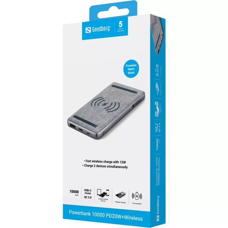 Pārnēsājams ārējais akumulators Sandberg Powerbank 10000 PD20W+Wireless, 10000 mAh