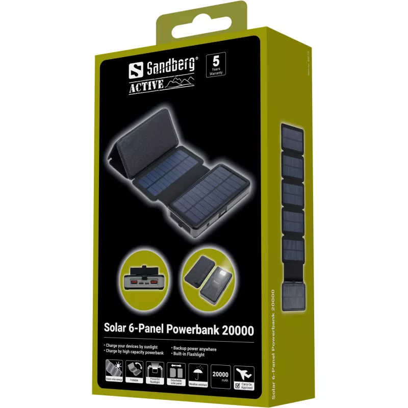 Sandberg Solar 6 paneļu ārējais akumulators 20000 mAh litija polimērs melns