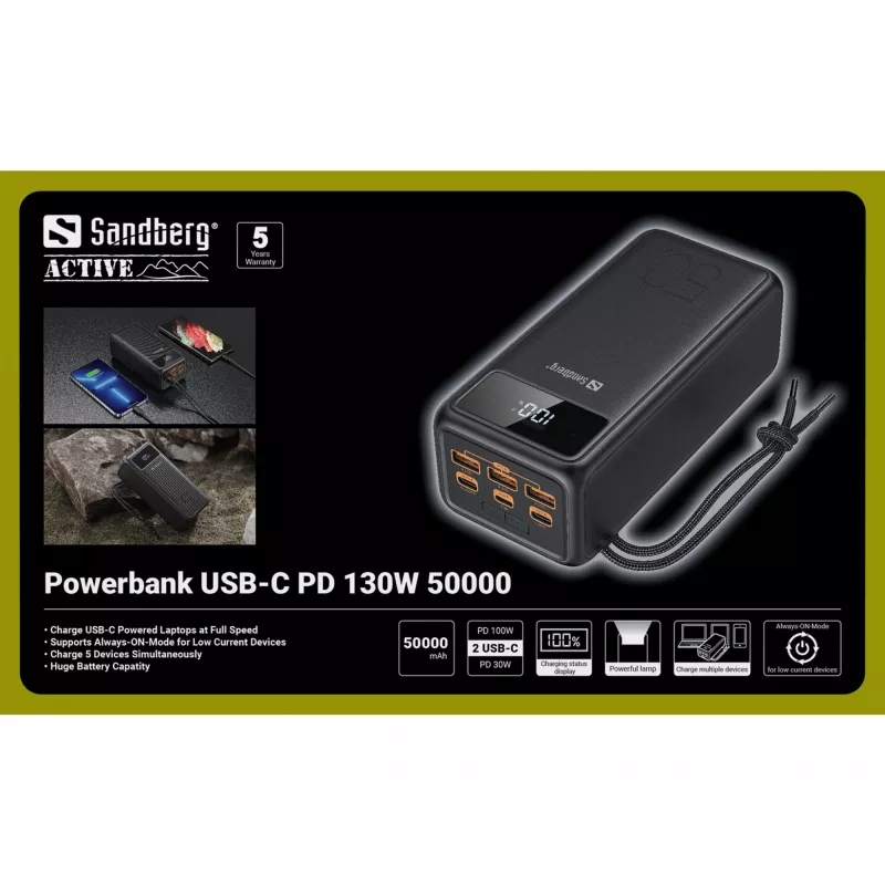 Portable Power Bank Sandberg USB-C PD 130W 50000mAh