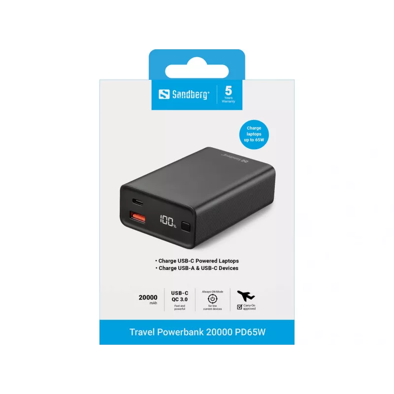 Pārnēsājams ārējais akumulators Sandberg Travel Powerbank 20000 PD65W, 20000 mAh