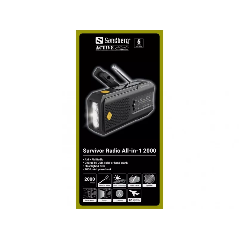 Sandberg Survivor Radio All-in-1 2000, portatīvs, AM, FM, 87–180 MHz, 520–1710 kHz, 3 W, analogais