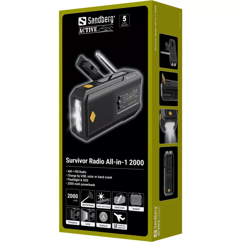 Sandberg Survivor Radio All-in-1 2000, portatīvs, AM, FM, 87–180 MHz, 520–1710 kHz, 3 W, analogais