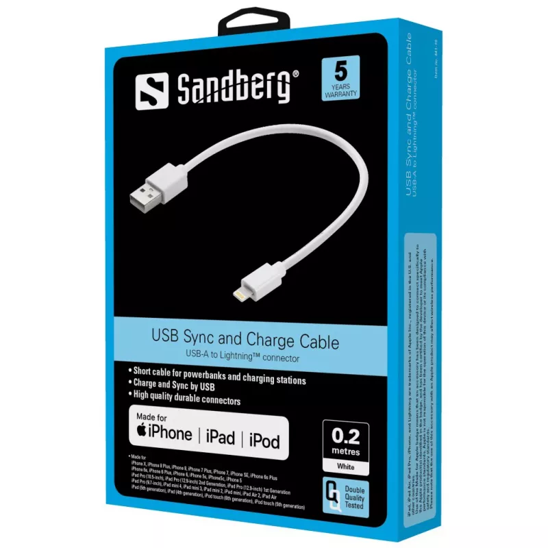 Kabelis Sandberg USB Lightning MFI 0,2m Balts