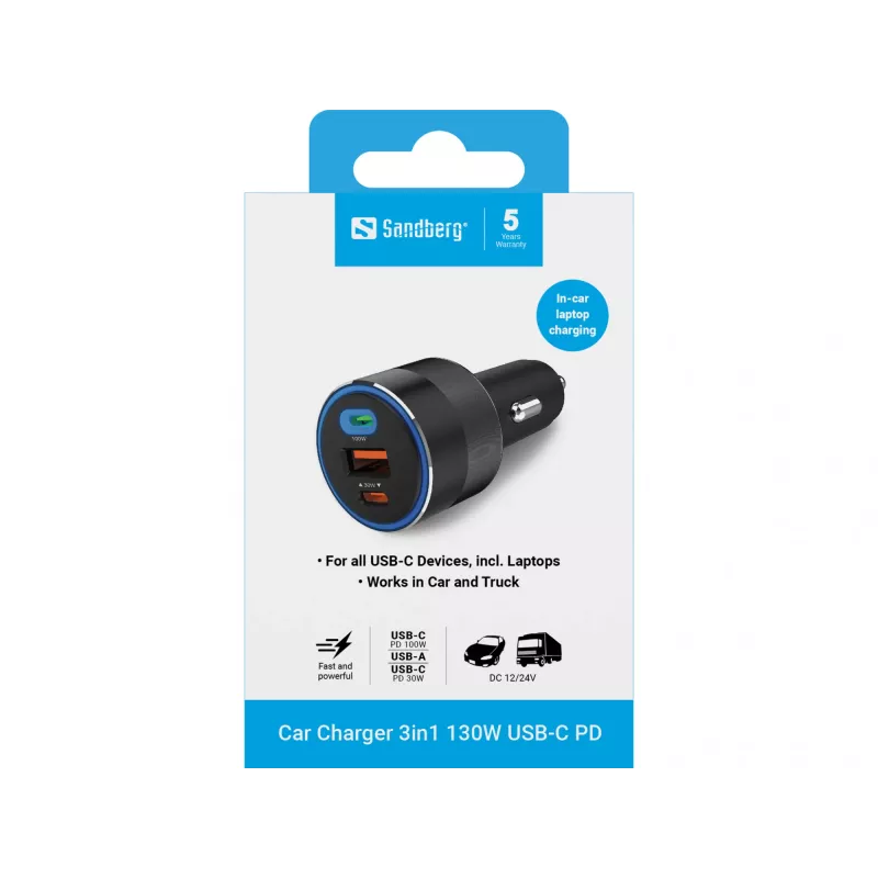 Auto lādētājs Sandberg 3in1 130W USB-C PD ātrā uzlāde universāls