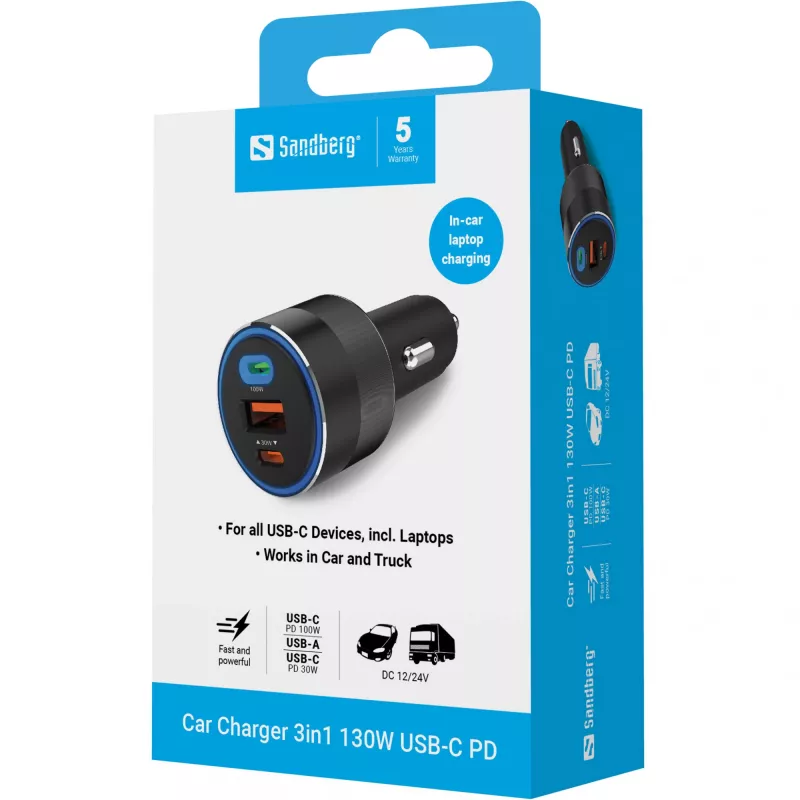 Auto lādētājs Sandberg 3in1 130W USB-C PD ātrā uzlāde universāls