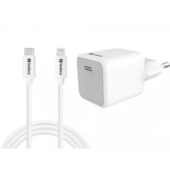 Maiņstrāvas lādētājs Sandberg 20W USB-C +Lightning 1M ātrā uzlāde, balts