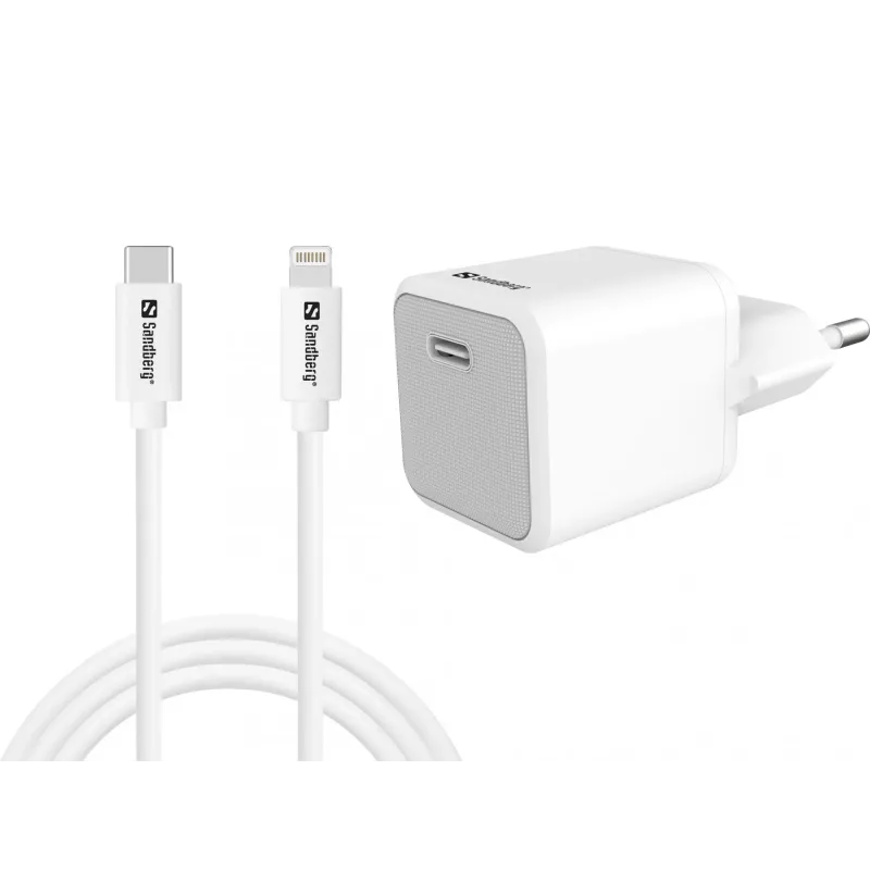 Maiņstrāvas lādētājs Sandberg 20W USB-C +Lightning 1M ātrā uzlāde, balts