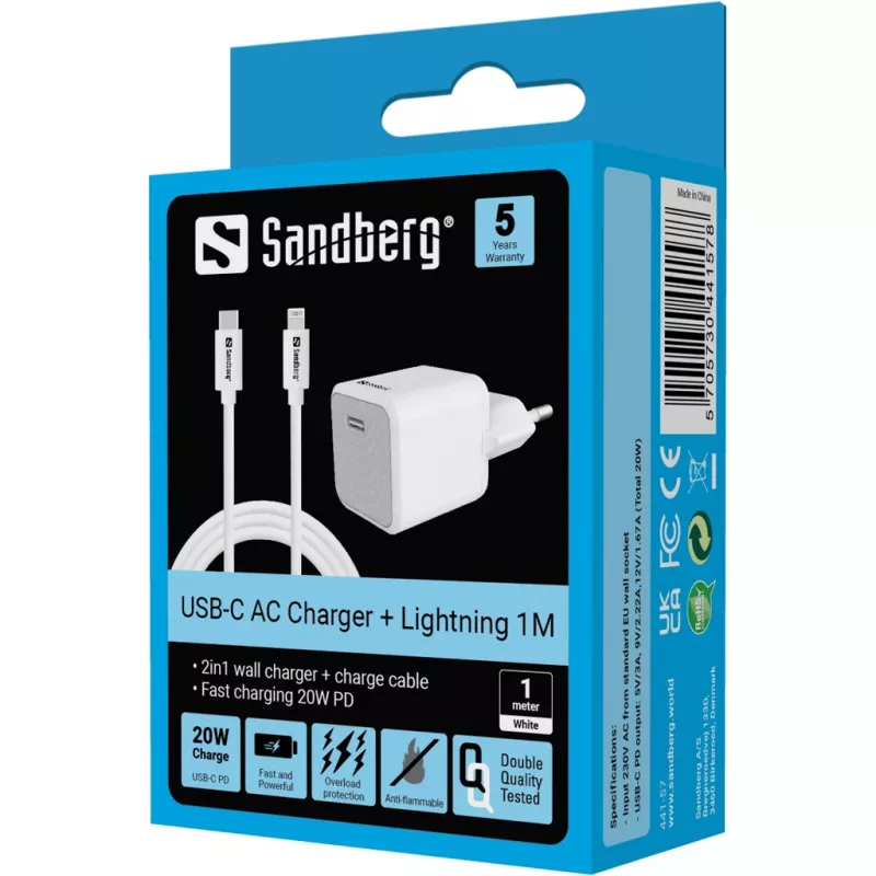 Maiņstrāvas lādētājs Sandberg 20W USB-C +Lightning 1M ātrā uzlāde, balts