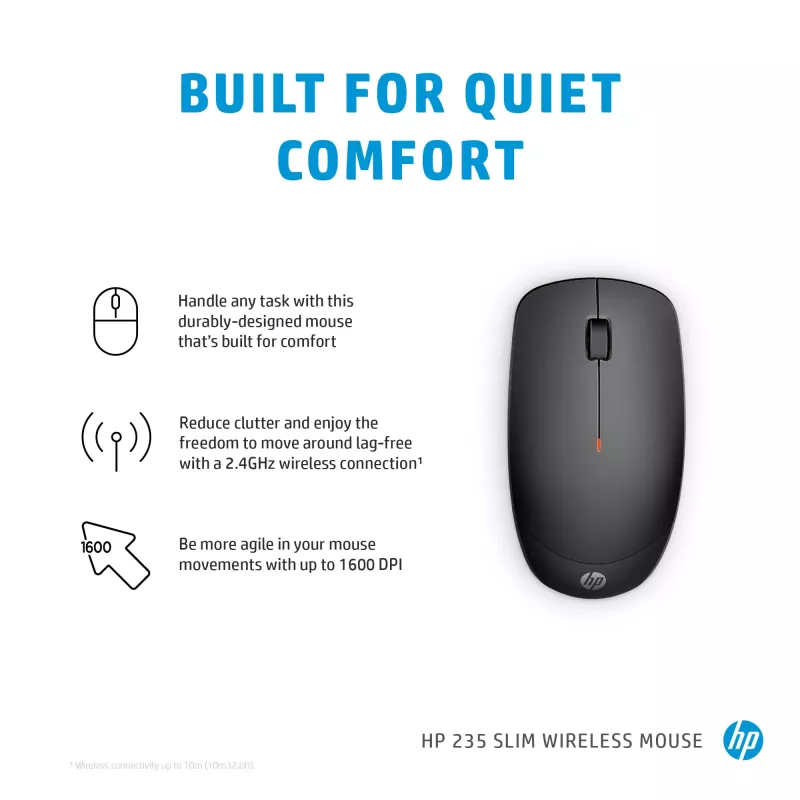 HP 235 plāns bezvadu pele, piemērota abām rokām, optiskā, RF bezvadu, 1600 DPI, melna