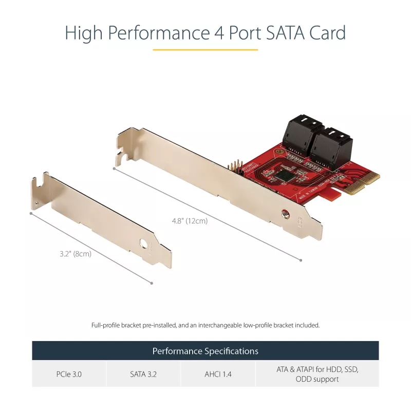 StarTech.com SATA PCIe karte - 4-portu PCIe SATA paplašināšanas karte - 6Gbps - zema profila kronšteins - novietoti viens virs otra SATA savienotāji - ASM1164 bez RAID - PCI Express uz SATA pārveidotājs
