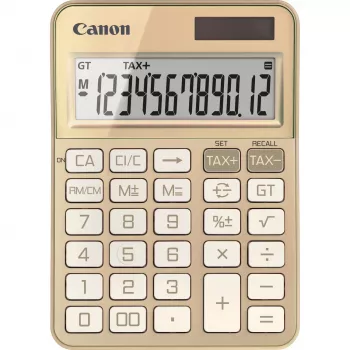 Galda kalkulators Canon KS-125KB ar 12 ciparu displeju, nodokļu funkcijām, baterijas/saules enerģiju, zelta krāsā