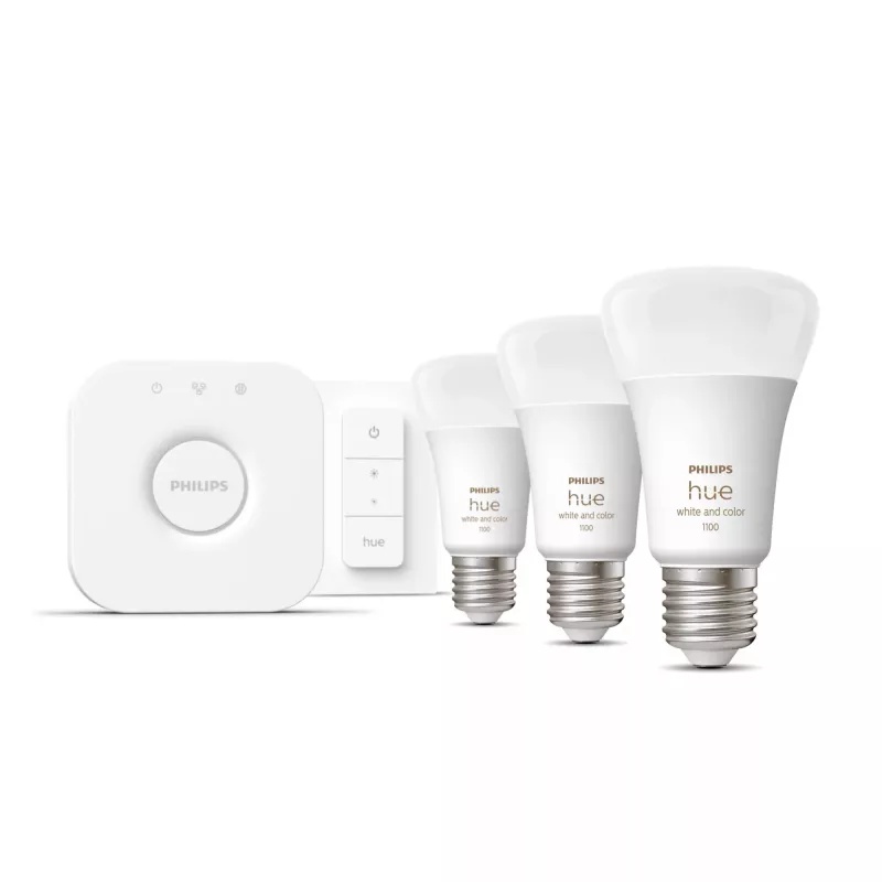 Viedā apgaismojuma komplekts Philips Hue White and Colour Ambience Starter – 3× E27 11W spuldzes, Bluetooth/Zigbee, dimmeris