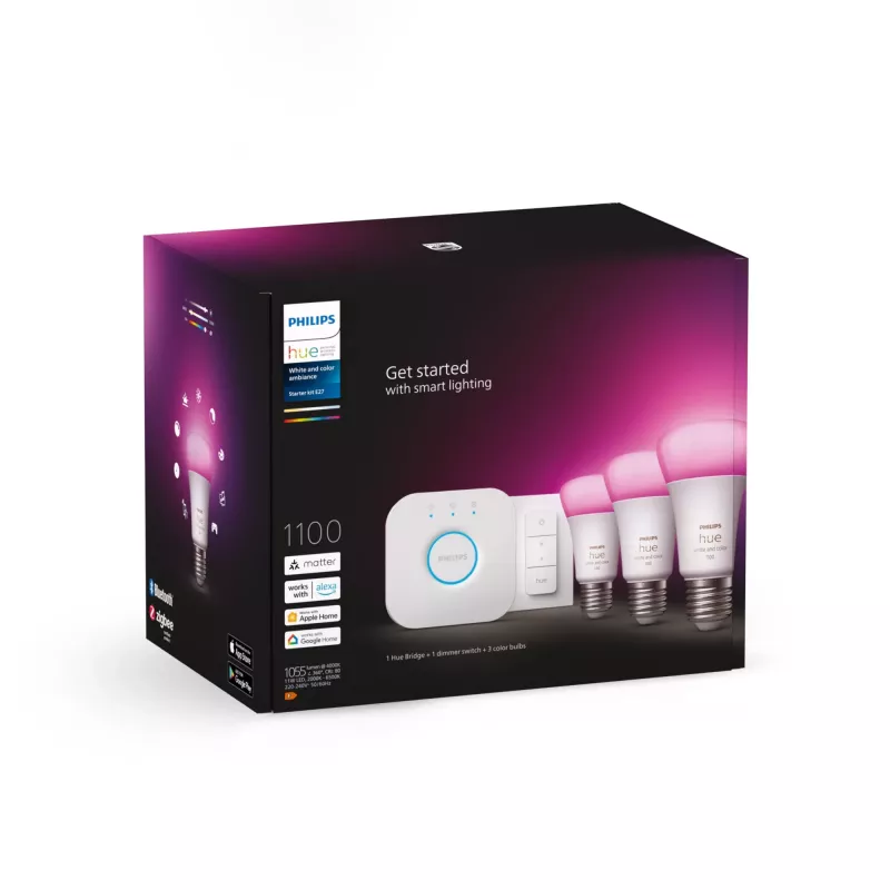 Viedā apgaismojuma komplekts Philips Hue White and Colour Ambience Starter – 3× E27 11W spuldzes, Bluetooth/Zigbee, dimmeris