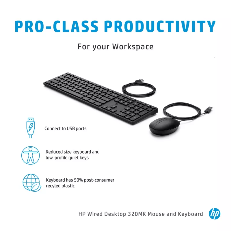 Vadu tastatūra un pele HP Wired Desktop 320MK