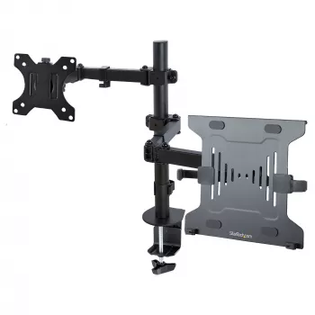 StarTech.com monitora svira ar VESA klēpjdatora paliktni, klēpjdatoram (4,5 kg/9,9 mārciņas) un vienam displejam līdz 32 inch (8 kg/17,6 mārciņas), melna, ventilējams paliktnis, regulējama klēpjdatora sviras stiprinājums, C-skava/cauruma stiprinājums