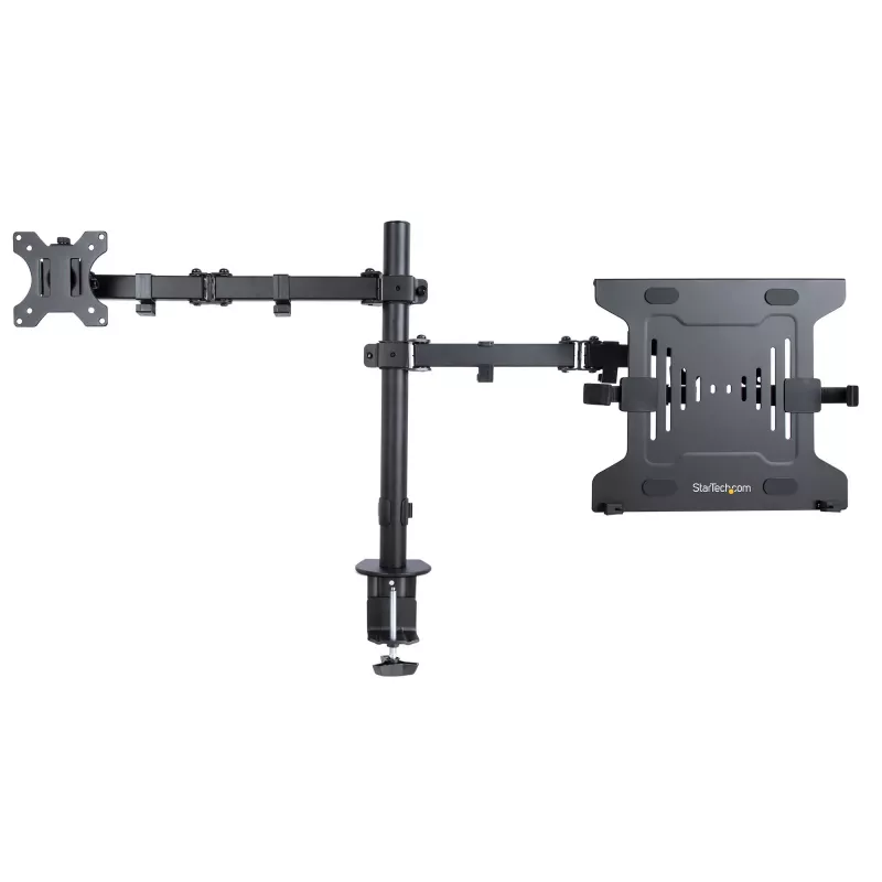 StarTech.com monitora svira ar VESA klēpjdatora paliktni, klēpjdatoram (4,5 kg/9,9 mārciņas) un vienam displejam līdz 32 inch (8 kg/17,6 mārciņas), melna, ventilējams paliktnis, regulējama klēpjdatora sviras stiprinājums, C-skava/cauruma stiprinājums