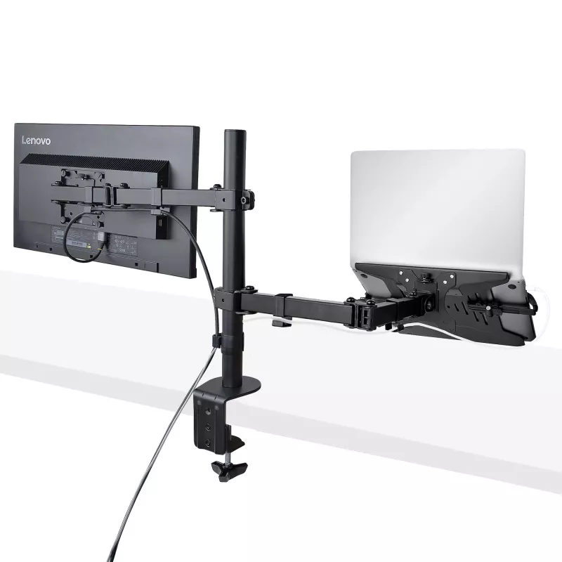 StarTech.com monitora svira ar VESA klēpjdatora paliktni, klēpjdatoram (4,5 kg/9,9 mārciņas) un vienam displejam līdz 32 inch (8 kg/17,6 mārciņas), melna, ventilējams paliktnis, regulējama klēpjdatora sviras stiprinājums, C-skava/cauruma stiprinājums