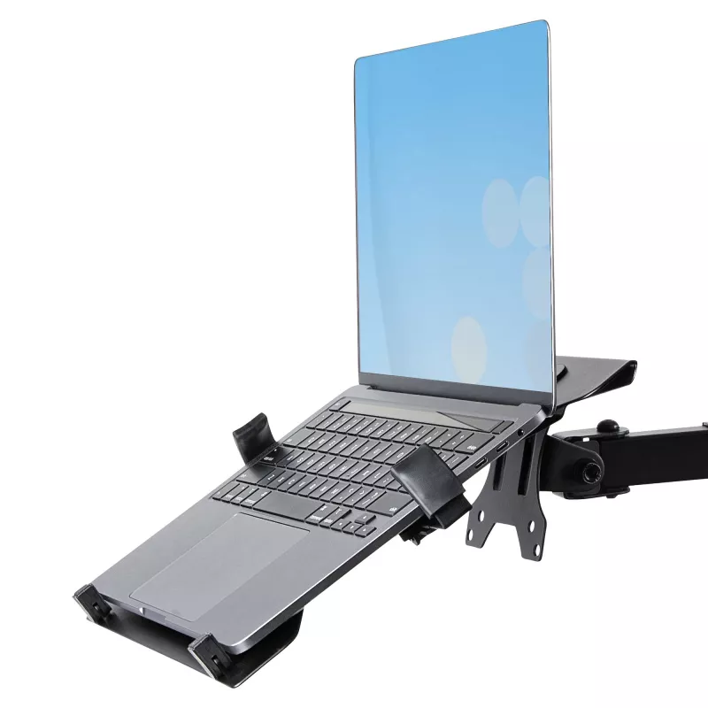 StarTech.com monitora svira ar VESA klēpjdatora paliktni, klēpjdatoram (4,5 kg/9,9 mārciņas) un vienam displejam līdz 32 inch (8 kg/17,6 mārciņas), melna, ventilējams paliktnis, regulējama klēpjdatora sviras stiprinājums, C-skava/cauruma stiprinājums