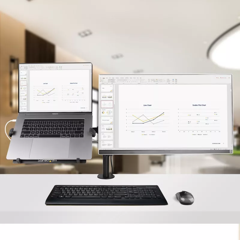 StarTech.com monitora svira ar VESA klēpjdatora paliktni, klēpjdatoram (4,5 kg/9,9 mārciņas) un vienam displejam līdz 32 inch (8 kg/17,6 mārciņas), melna, ventilējams paliktnis, regulējama klēpjdatora sviras stiprinājums, C-skava/cauruma stiprinājums