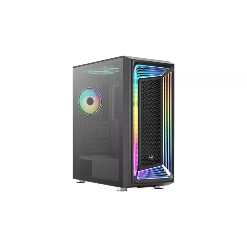 PC korpuss AEROCOOL Interstellar Midi Tower Melns — ATX, atbalsta līdz 362 mm GPU, 163 mm CPU dzesētāju, 3x120/360 mm priekšējo radiatoru