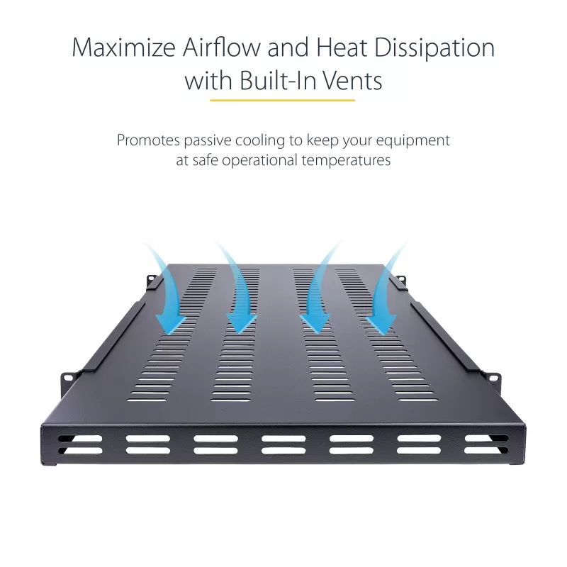 StarTech.com 1U 4-stabu regulējams ventilējams serveru statīva montāžas plaukts - 330 lbs (150 kg) - 19,5 līdz 38 collu regulējams montāžas dziļums, universāla paplāte 19 inch AV/tīkla iekārtu statīvam - 27,5 collu dziļumā