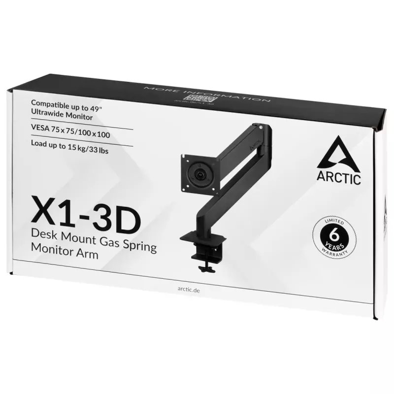 Desk Mount Gas Spring Monitor Arm Arctic X1-3D — supports up to 43 inch / 10 kg, VESA 75x75–100x100, Melns